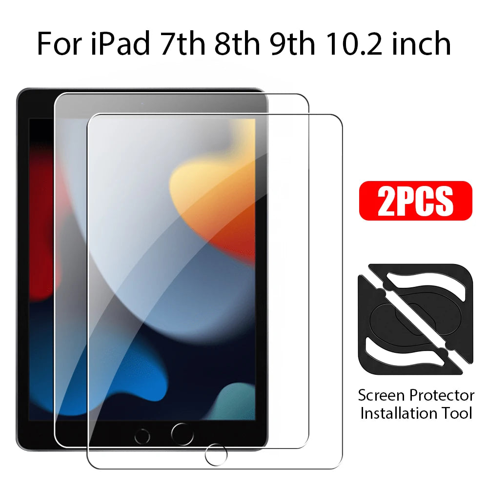 Two ultra-clear tempered glass screen protectors for iPad 7th, 8th, 9th, and 10.2 inch models with an installation tool.