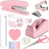 A pink professional desktop stationery set featuring a stapler, scissors, and various paper clips and tools.