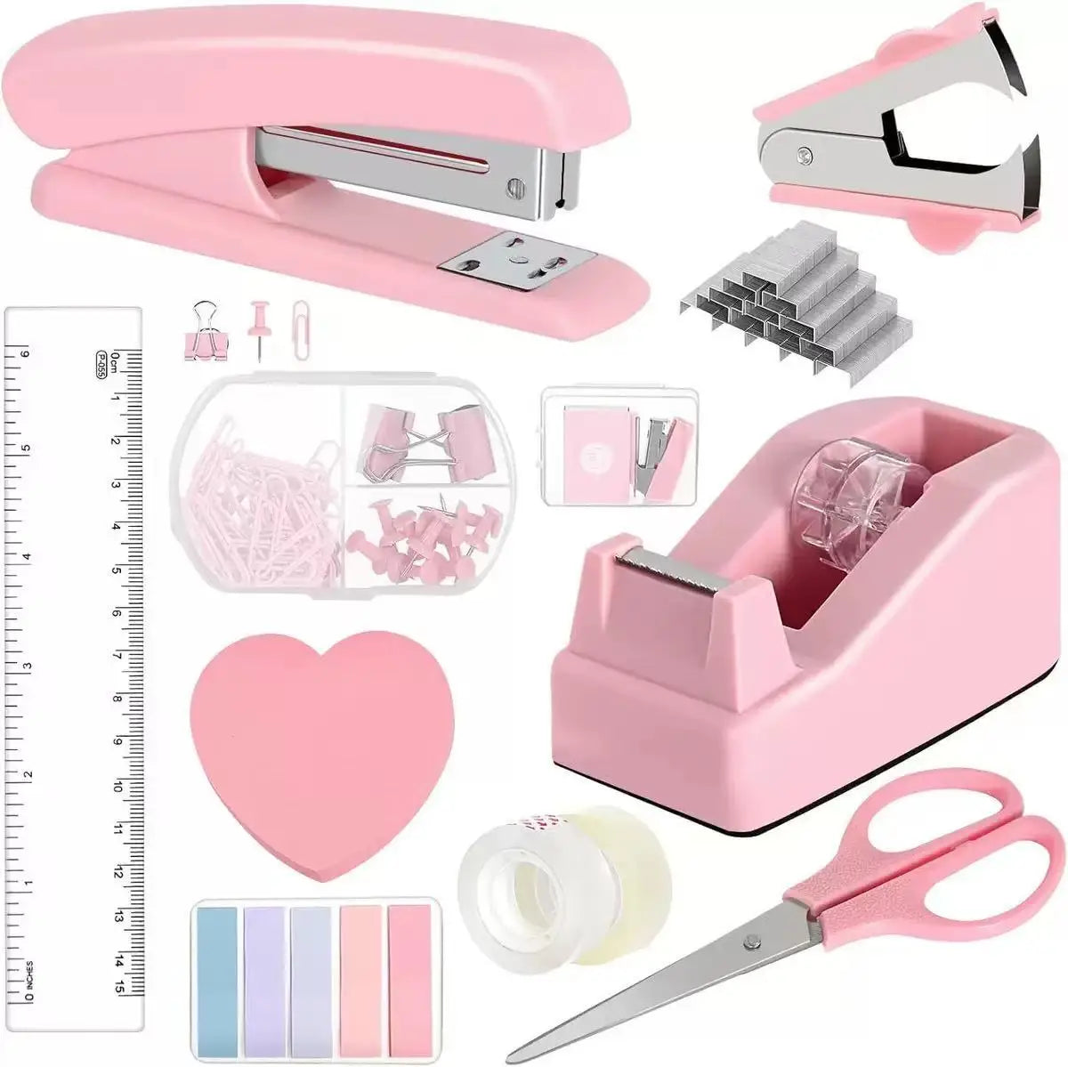 A pink professional desktop stationery set featuring a stapler, scissors, and various paper clips and tools.