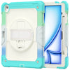 A heavy duty shockproof iPad case with a built-in screen protector, kickstand, and shoulder strap shown open.