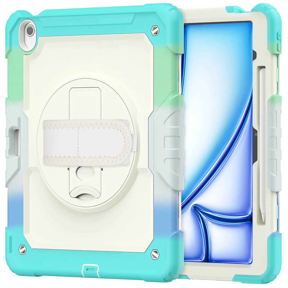 A heavy duty shockproof iPad case with a built-in screen protector, kickstand, and shoulder strap shown open.