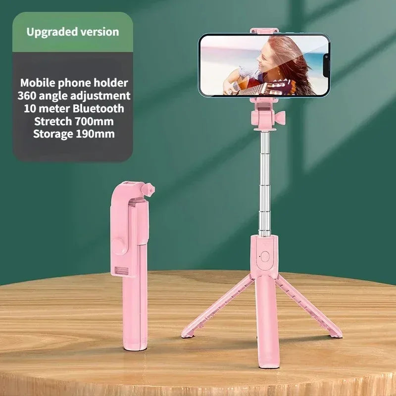 Pink mobile phone holder tripod with LED light and Bluetooth remote for smartphone photography