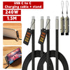 A black USB C to C charging cable and stand with multiple interchangeable tips for fast charging devices.