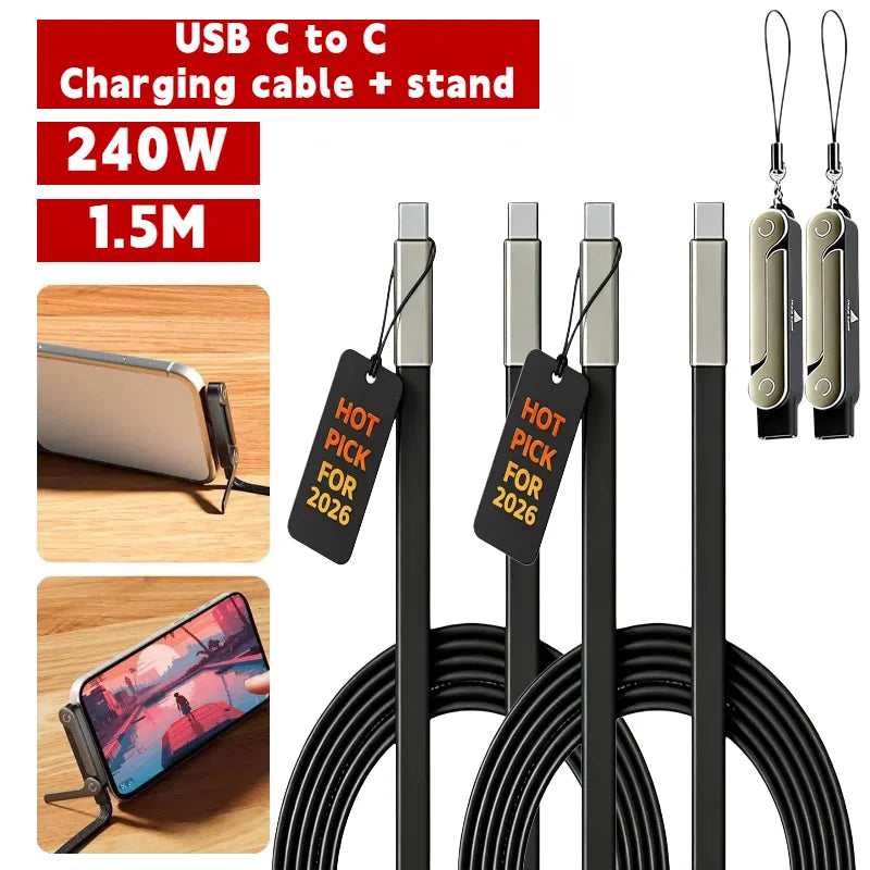A black USB C to C charging cable and stand with multiple interchangeable tips for fast charging devices.
