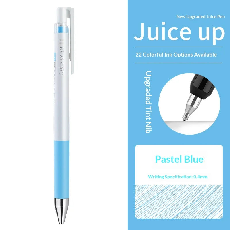 A white and blue Pilot Juice Up fine point gel pen is shown next to options for colored ink pens.