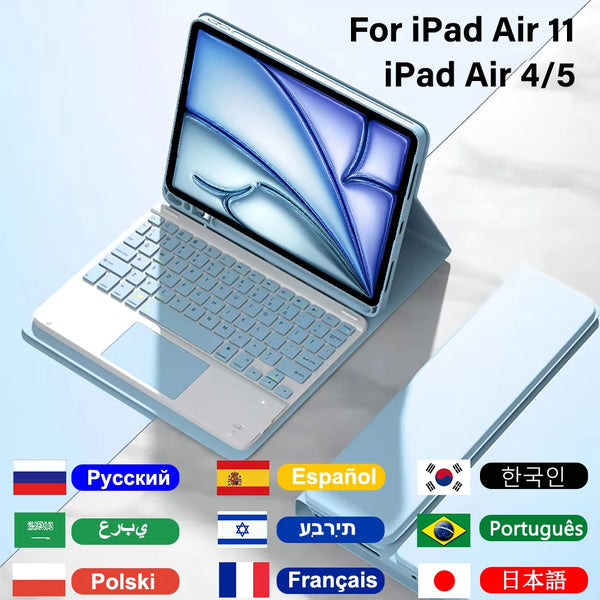 A white detachable Bluetooth keyboard case for an iPad Air 11, shown with various language options.