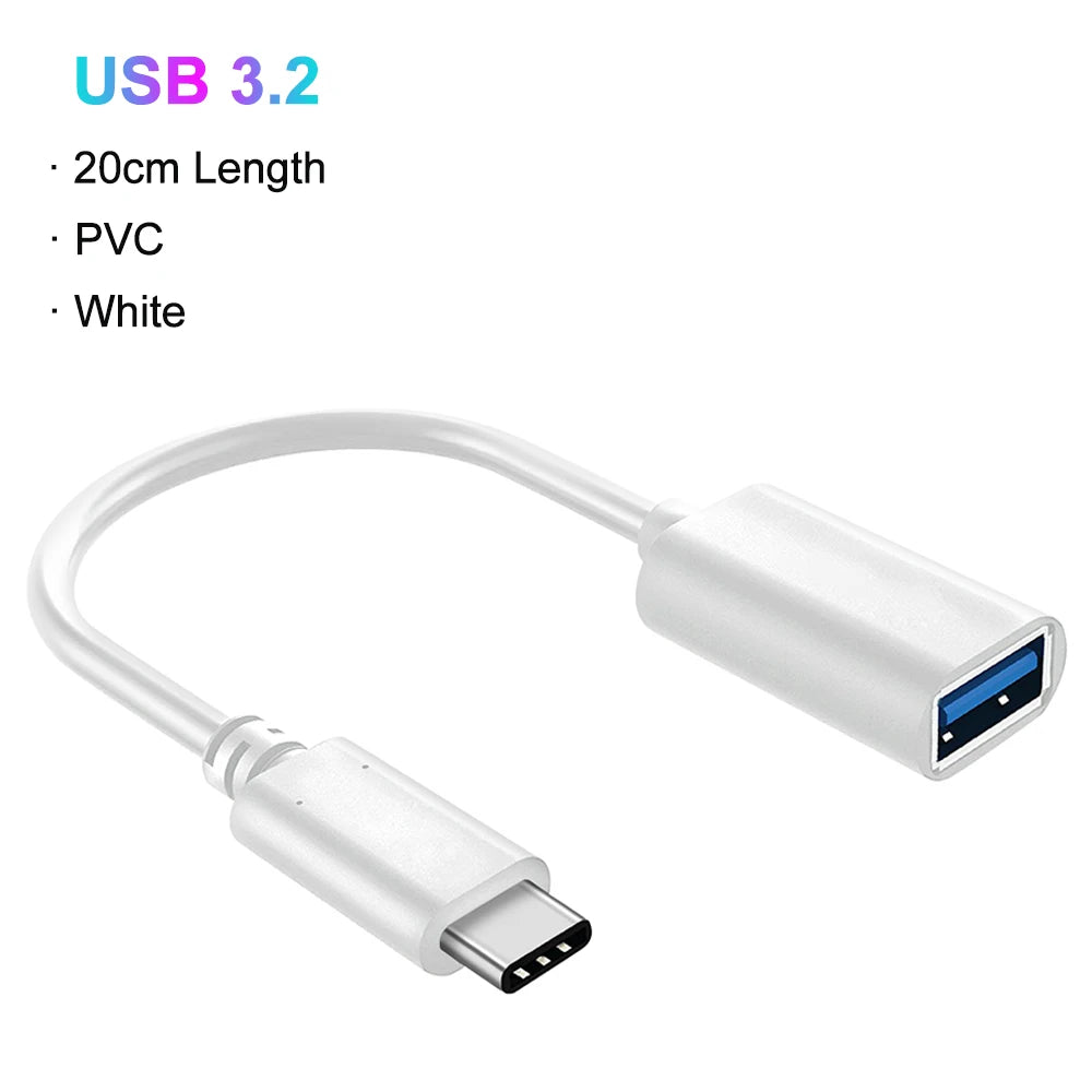 White PVC USB 3.2 cable adapter with a USB-C connector and a USB-A plug.