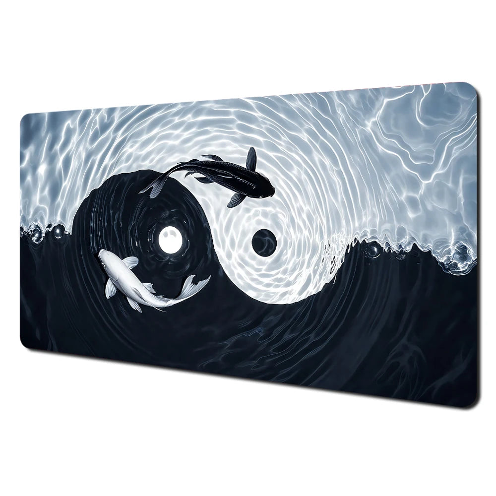 Abstract art desk mat featuring a dark wave design with a fish and light rays.