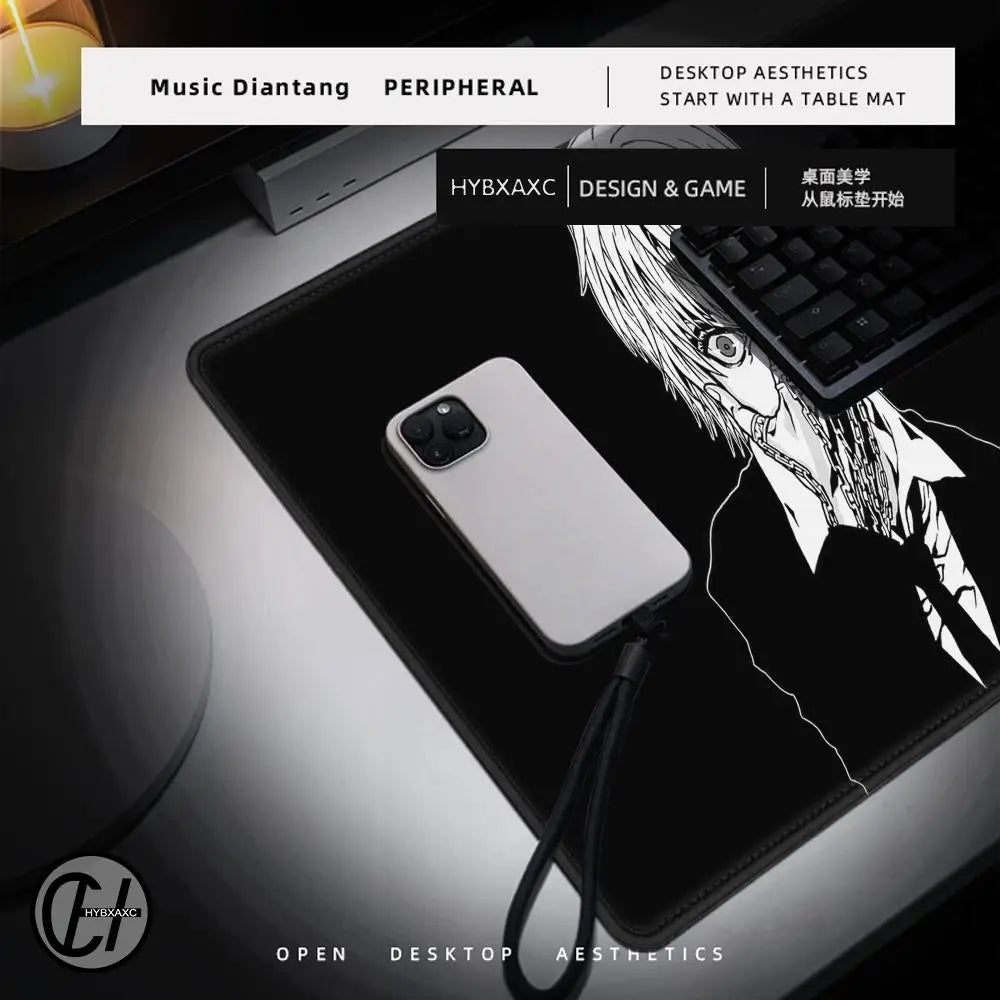 A close-up shot of a white smartphone resting on a black gaming mouse pad next to a mechanical keyboard and artwork.