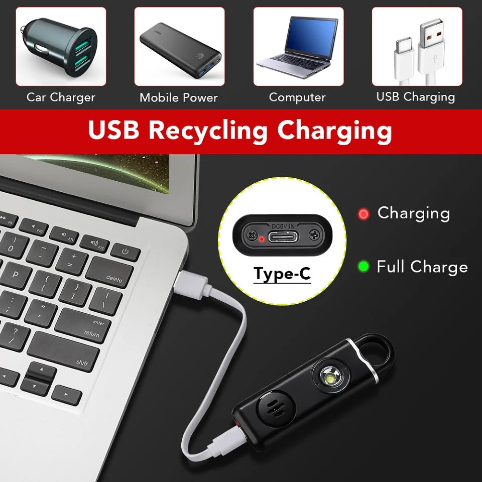 A personal safety alarm device is shown next to a laptop, illustrating USB recycling charging capabilities.