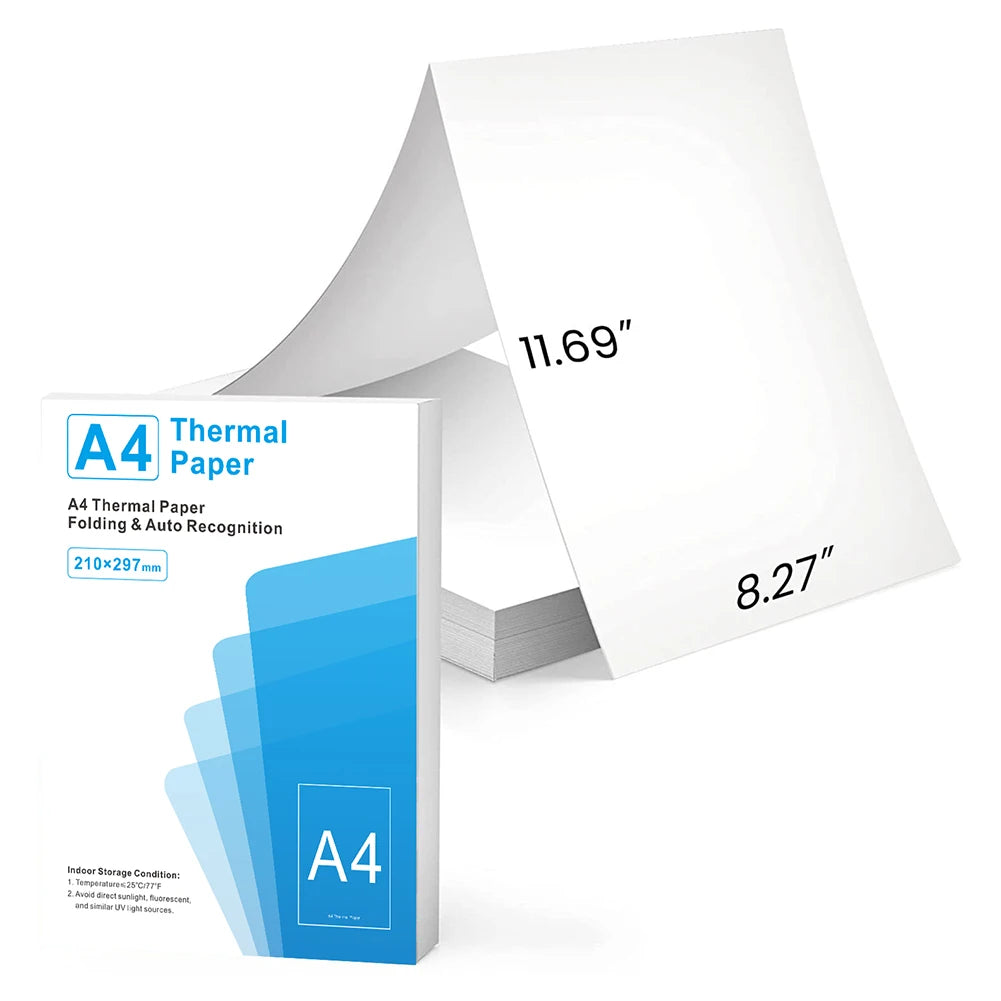 A stack of white A4 thermal paper sheets and a box labeled A4 Thermal Paper.