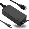 A black 65W USB-C laptop charger for a Lenovo ThinkPad series, showing the power brick and cable.
