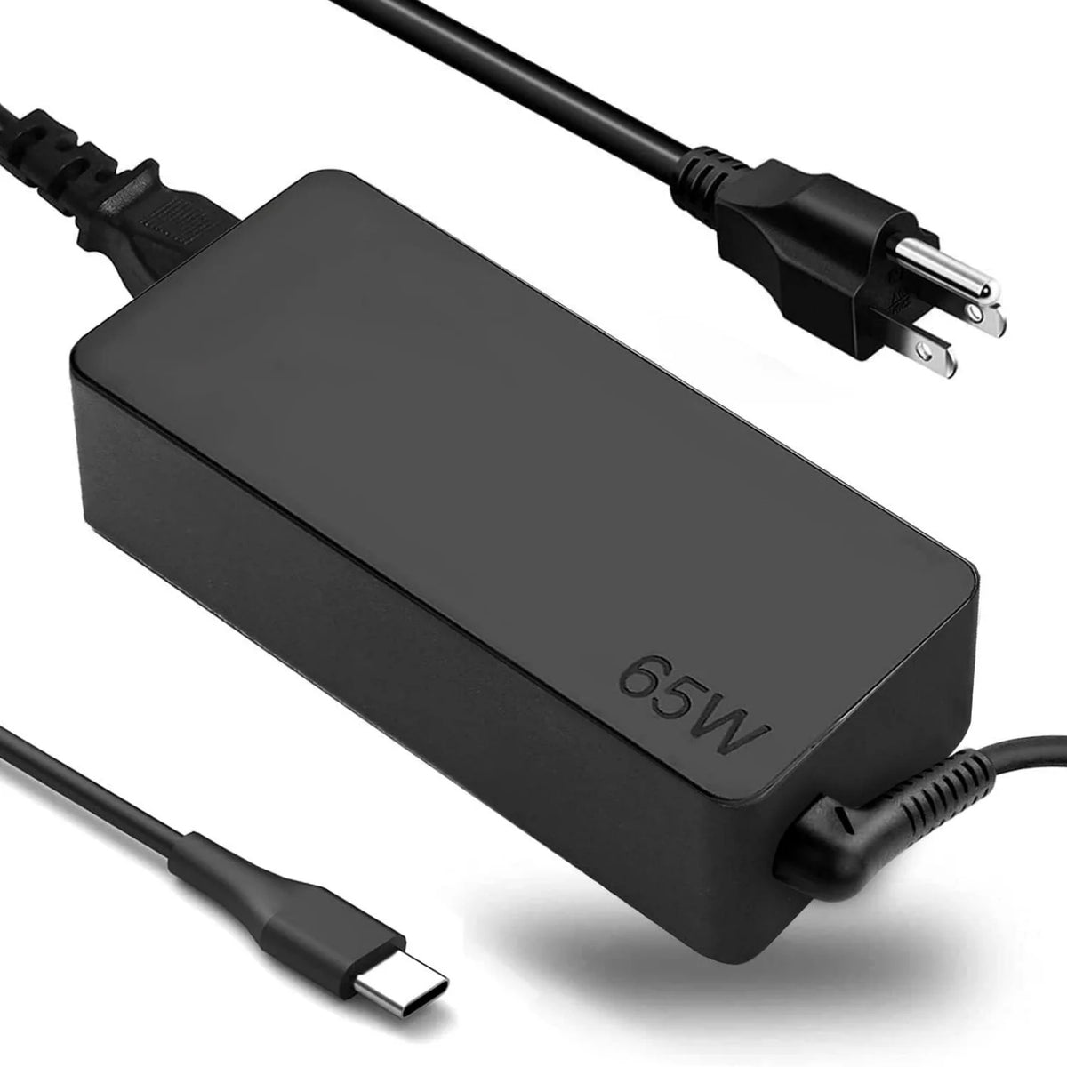 A black 65W USB-C laptop charger for a Lenovo ThinkPad series, showing the power brick and cable.