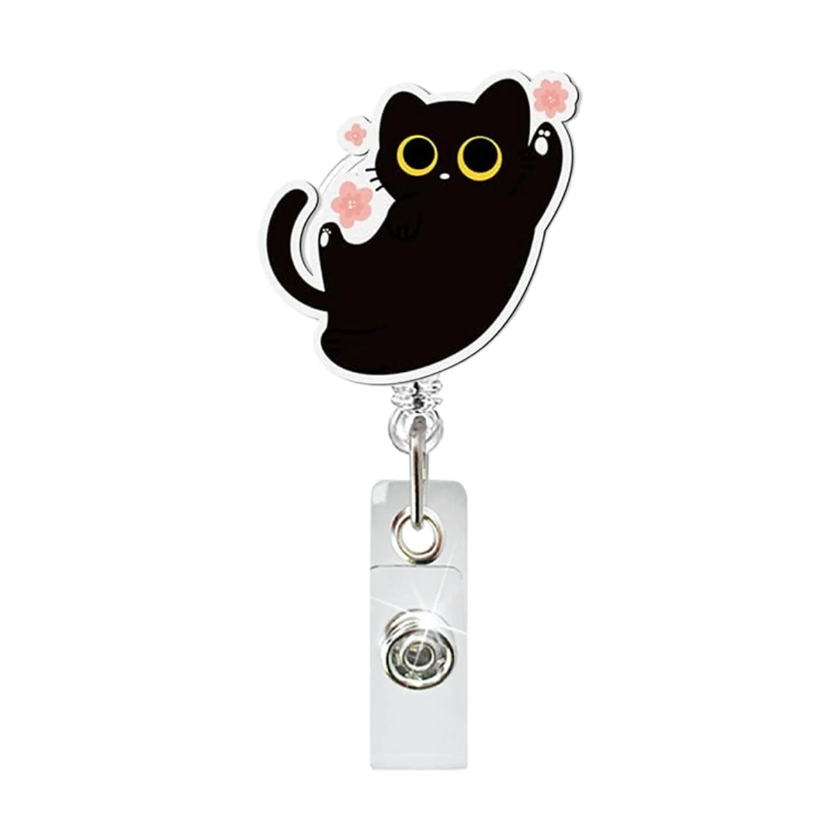 A black cat charm attached to a silver retractable ID badge holder with a crocodile clip.