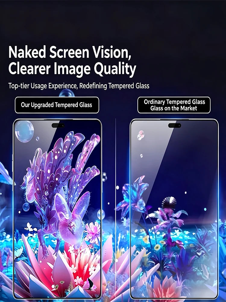 A comparison showing a naked screen vision with clearer image quality on a smartphone display.