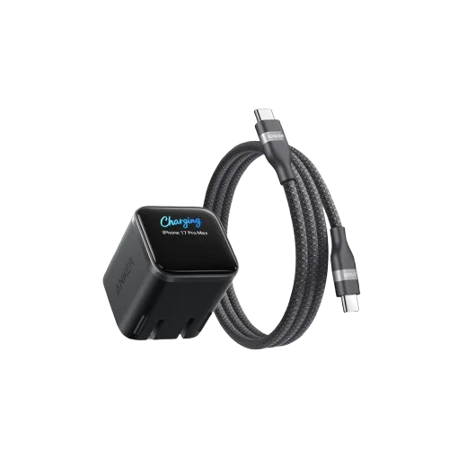 A black ANKER 45W Nano Smart Display charger with a coiled cable is shown.