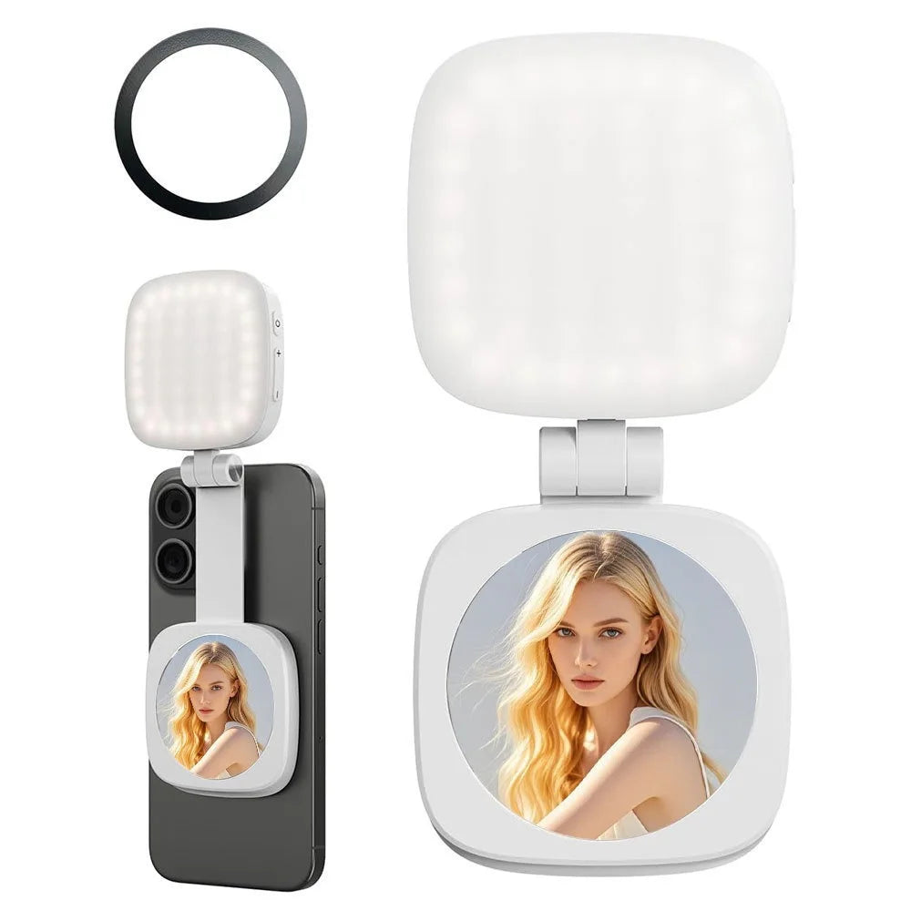 Weißes LED-Ringlicht-Gerät mit Ladekabel und Smartphone, das ein weibliches Gesicht zeigt.