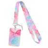 A colorful floral patterned lanyard with a clear acrylic ID badge attached to a metal clip.