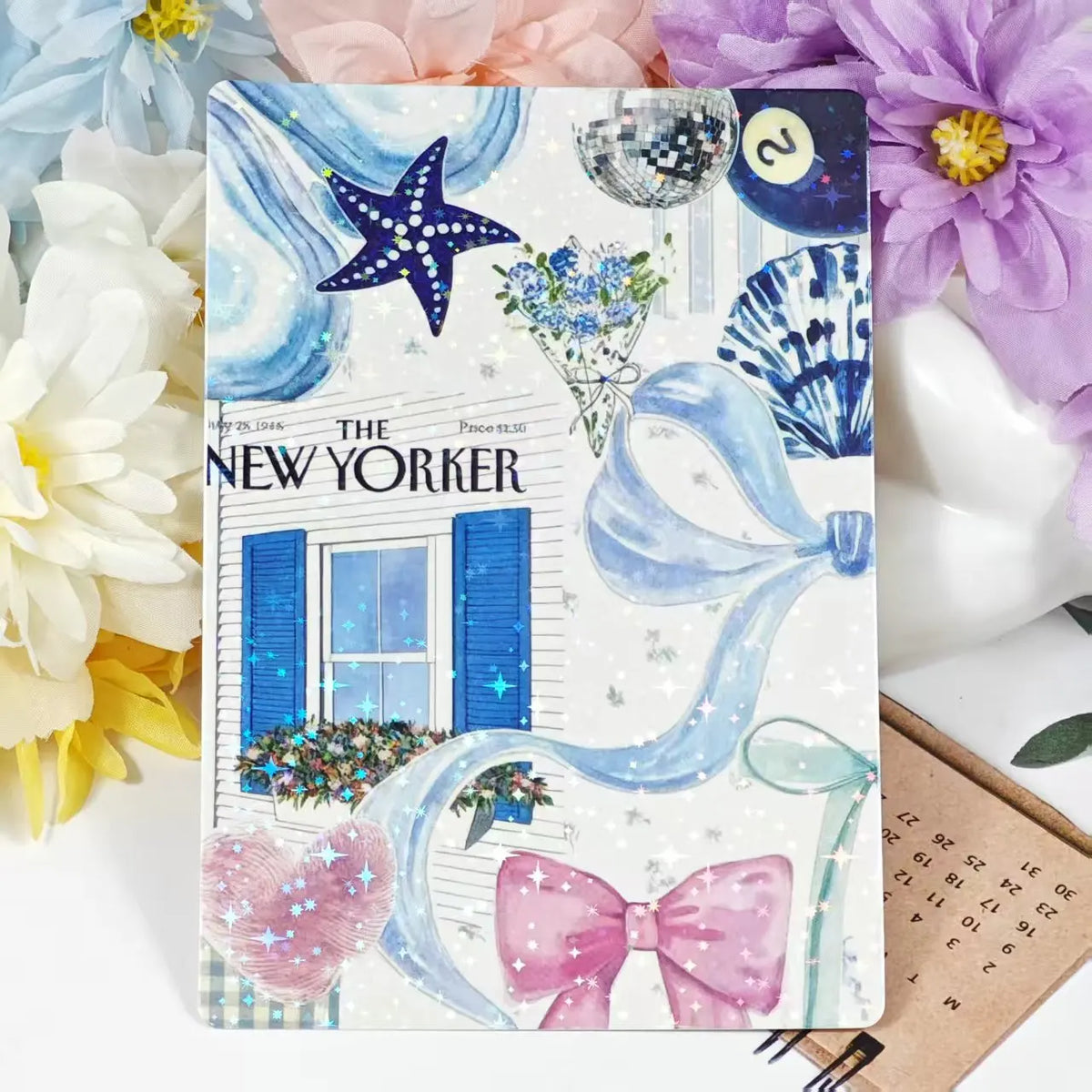 Bunte Karte mit blauer Aquarellzeichnung, Sternen, Blumen und Fensterrahmen