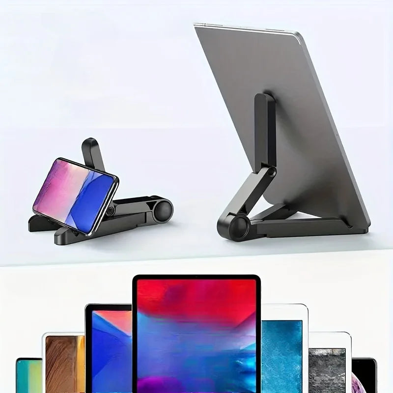 Schwarzes, verstellbares faltbares Tablet-Ständer neben einem Smartphone und einem Tablet