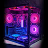 A custom-built PC case featuring internal components illuminated with pink and blue ARGB lighting.