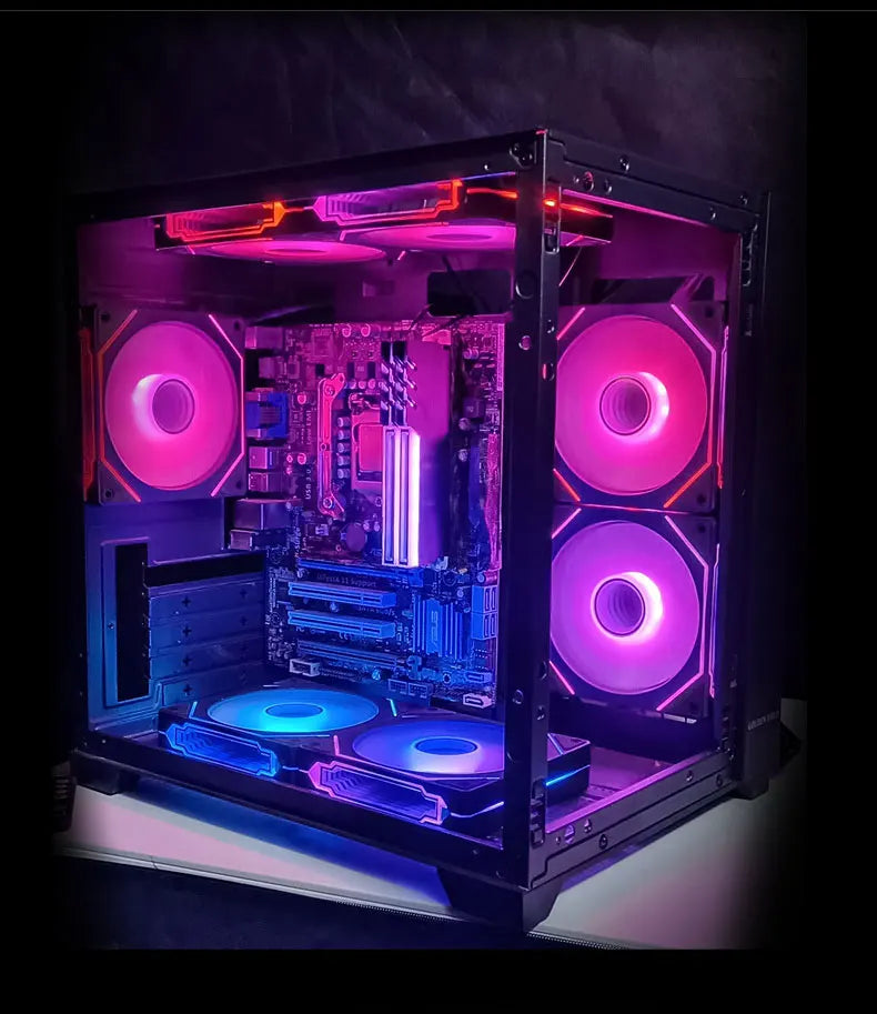A custom-built PC case featuring internal components illuminated with pink and blue ARGB lighting.
