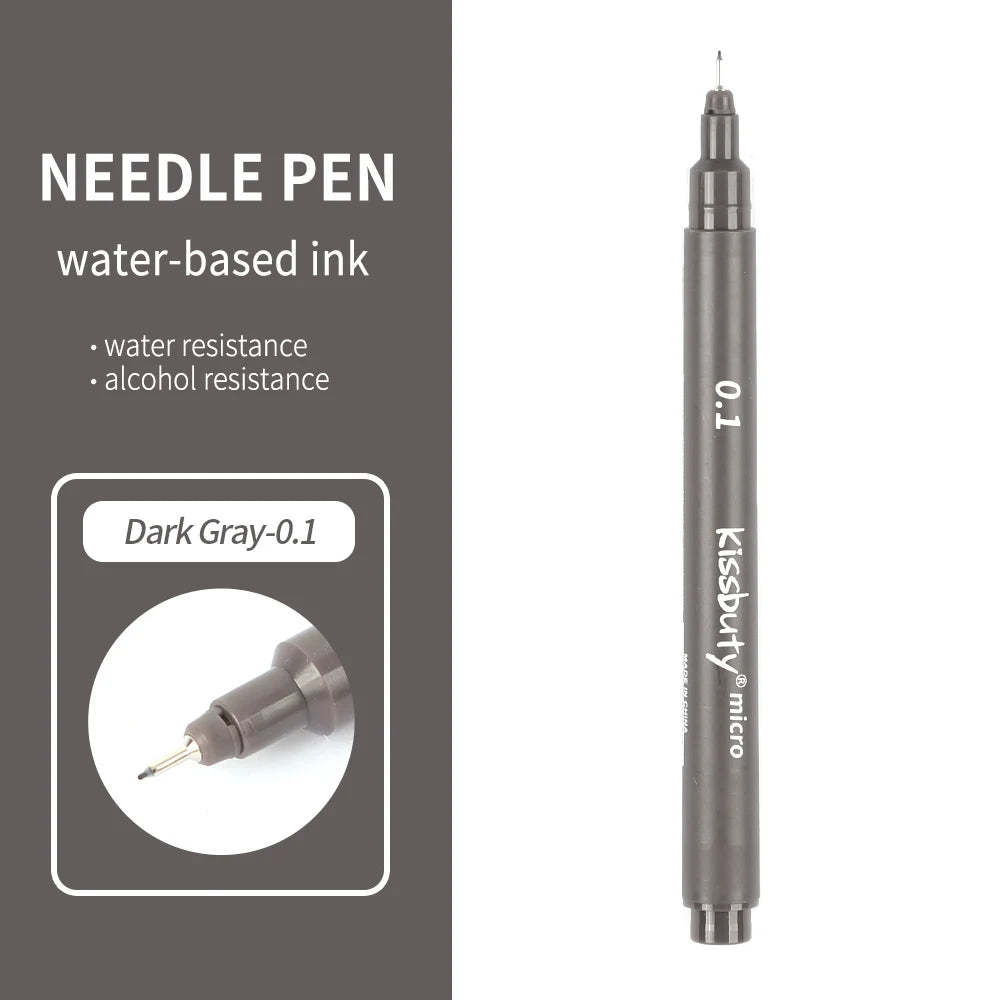 A dark gray needle pen with a 0.1mm tip and a black cap, shown vertically.