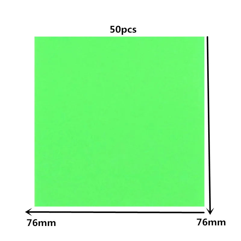 A square sheet of bright lime green transparent sticky notes memo pad, measuring 76mm by 76mm.
