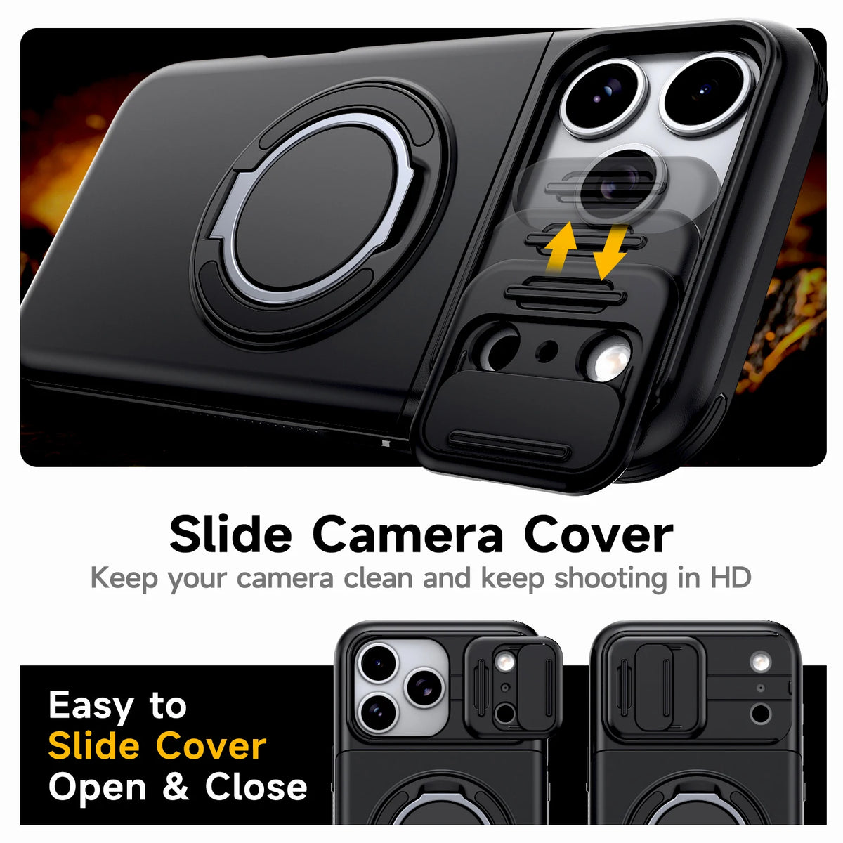 Schwarze Schutzhülle für die iPhone-Kamera, zeigt Modul und Linsen-Schutzfunktionen.