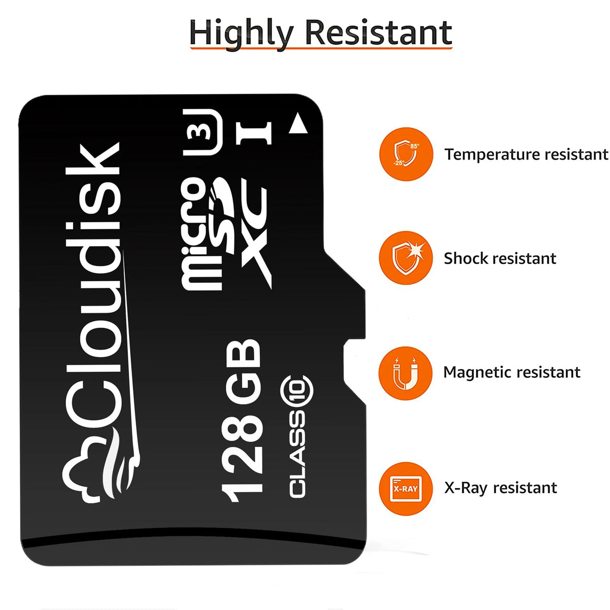 A black microSD card labeled Highly Resistant with features like temperature, shock, magnetic, and X-ray resistance.