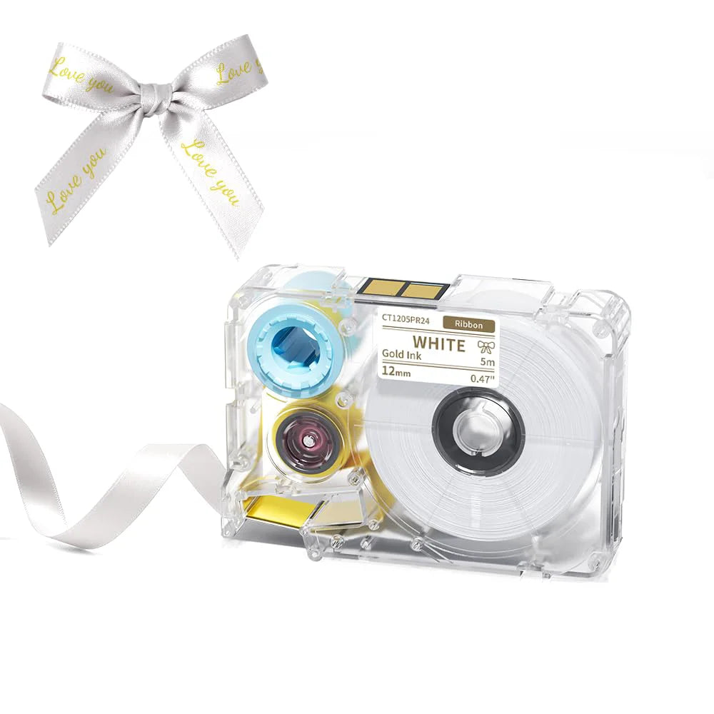 A clear label maker device with a ribbon and a bow, used for creating custom stickers.