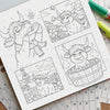 Line art illustrations of cows and flowers for an adult coloring book page.