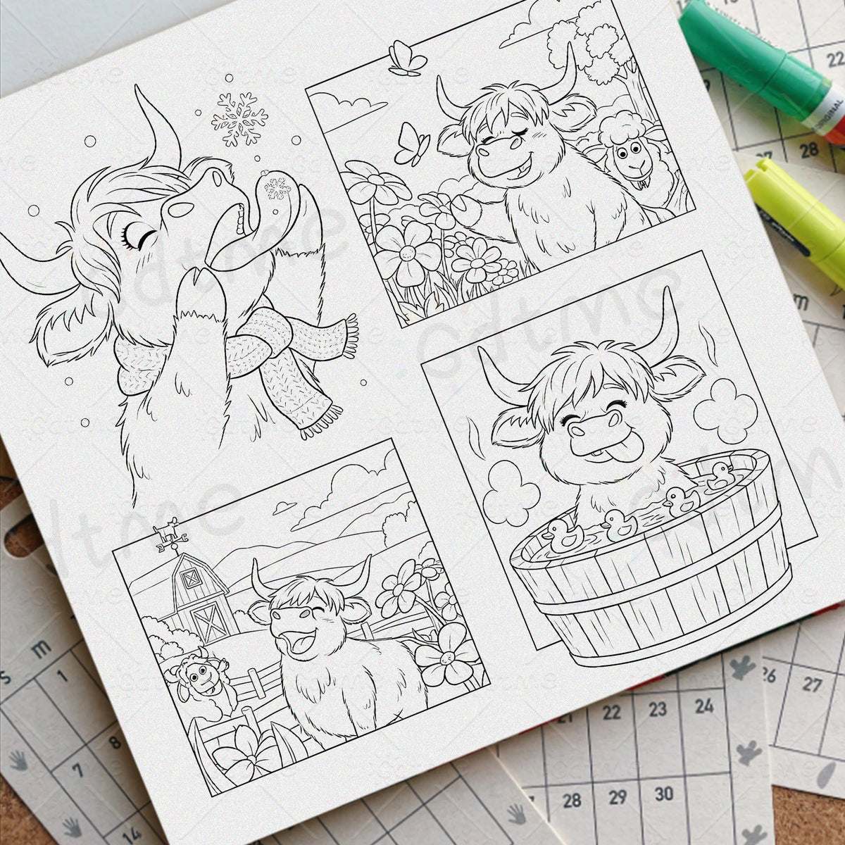 Line art illustrations of cows and flowers for an adult coloring book page.