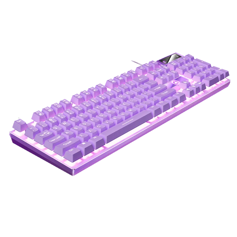 A purple wired USB mechanical keyboard with an RGB backlight is shown from a top-down angle.