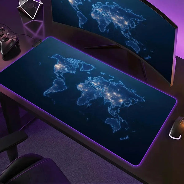 An RGB backlit gaming mouse pad featuring a glowing map design of the world on a dark surface.