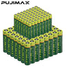 A large quantity of green and yellow high-performance disposable AA/AAA dry cell batteries arranged in rows.