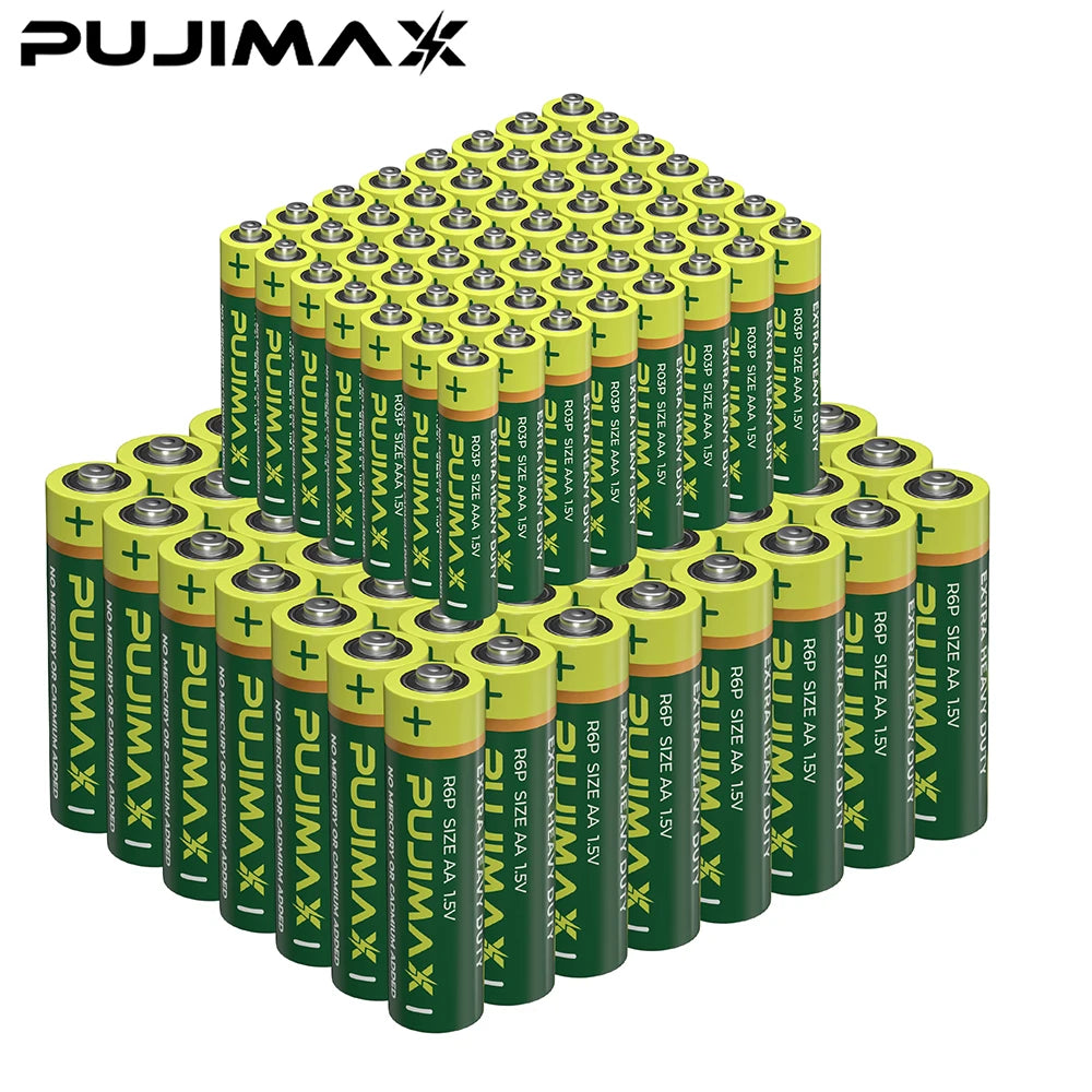 A large quantity of green and yellow high-performance disposable AA/AAA dry cell batteries arranged in rows.