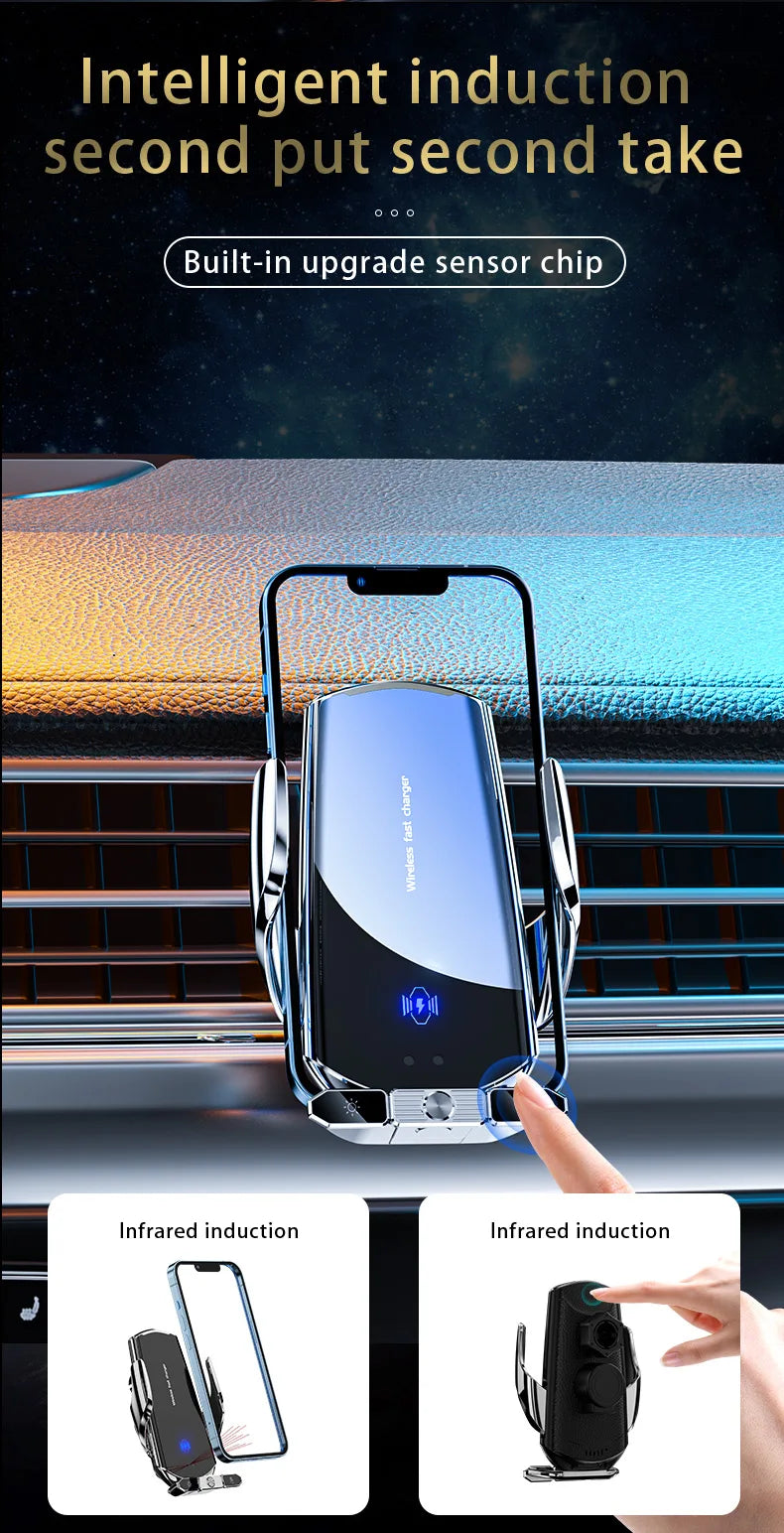 A close-up of a silver wireless car phone mount with an upgrade sensor chip, shown alongside infrared induction mounting exam