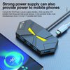 A black USB 3.0 multi-port hub with a Type-C power port is shown next to a smartphone.