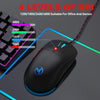 A black wired gaming mouse is shown next to a keyboard, highlighting its 4 levels of DPI settings.