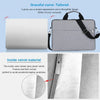 A gray laptop sleeve bag with a black strap, showing the exterior and an interior detail of soft grey velvet lining.