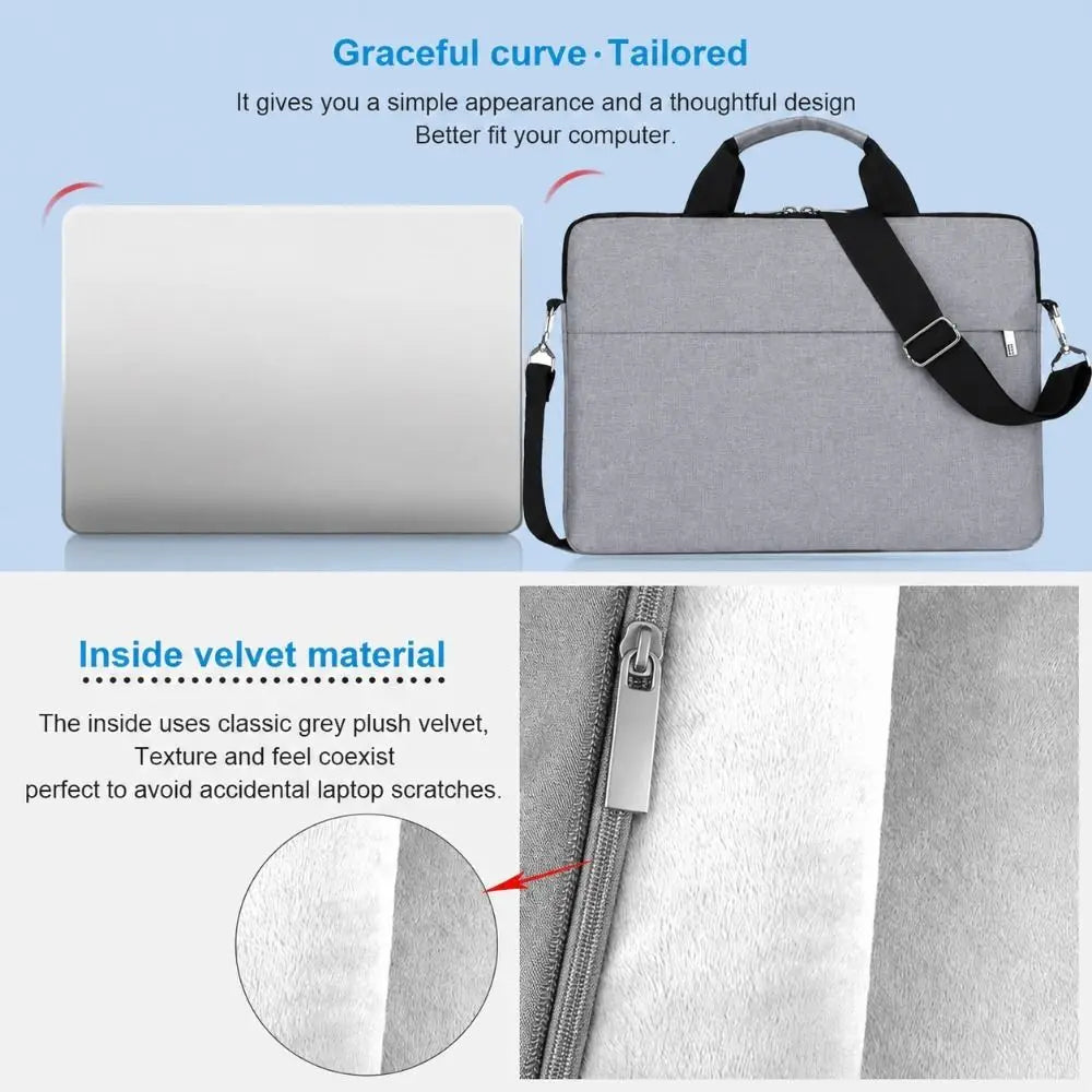A gray laptop sleeve bag with a black strap, showing the exterior and an interior detail of soft grey velvet lining.