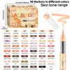 A box of 48 acrylic markers in different skin tone colors, showing various shades like yellow, pink, and brown.
