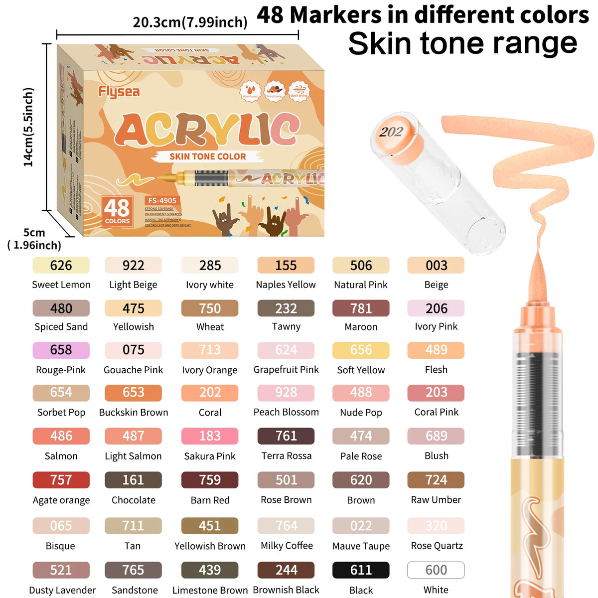 A box of 48 acrylic markers in different skin tone colors, showing various shades like yellow, pink, and brown.