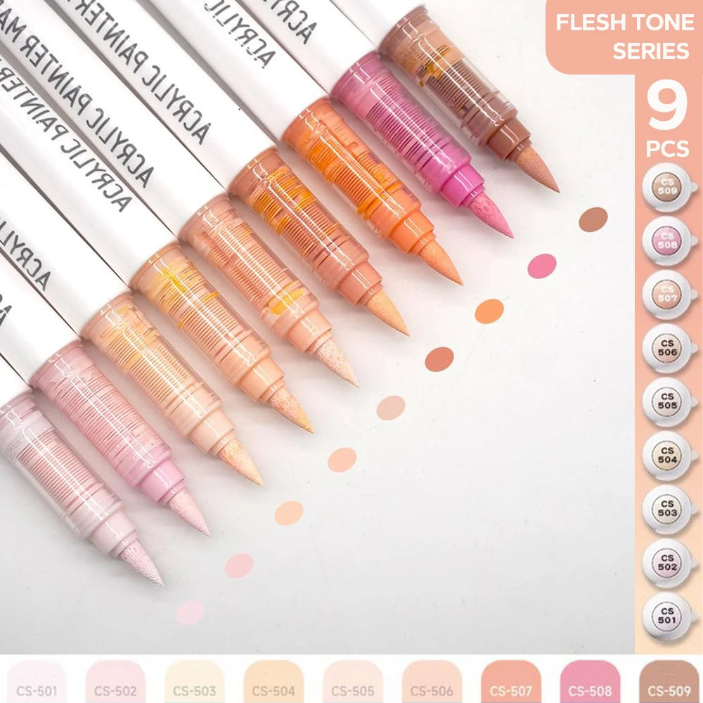 A collection of nine flesh tone acrylic brush markers in various shades arranged on a white background.