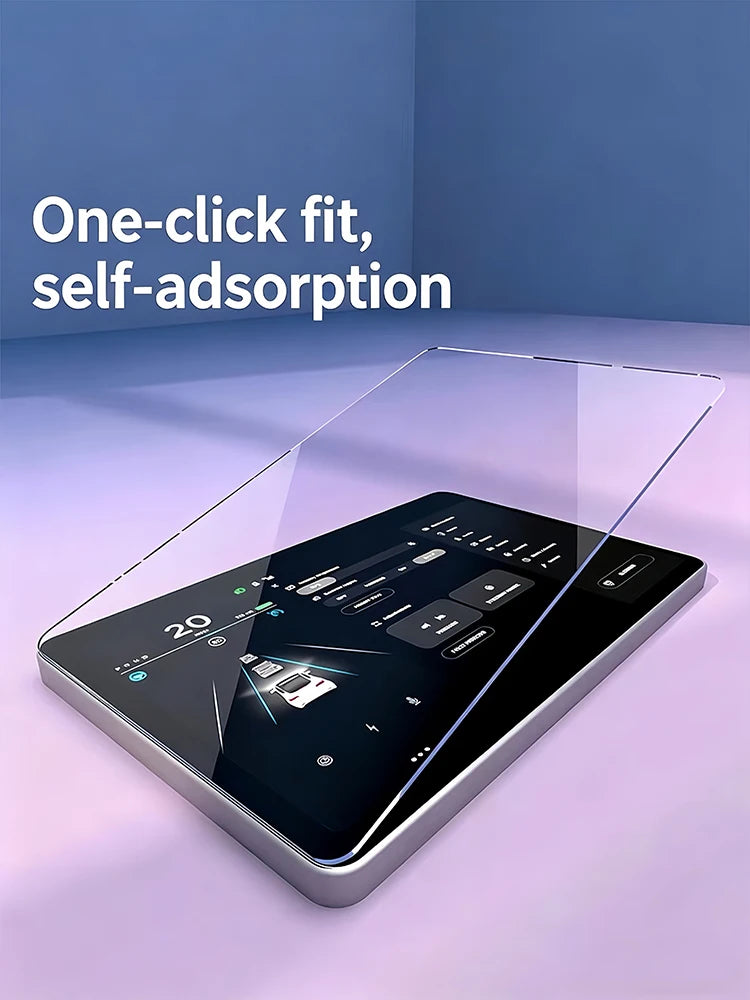 A transparent film is shown being applied to a digital car navigation screen for self-adsorption.