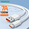 A white USB-C fast charging cable with an orange connector and braided nylon design shown against a light blue background.