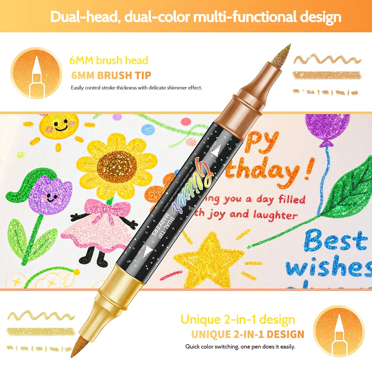 A brown glitter acrylic paint marker with a brush tip is shown next to colorful floral and star designs.
