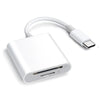 A white universal card adapter with a cable, designed for iPhone and iPad.