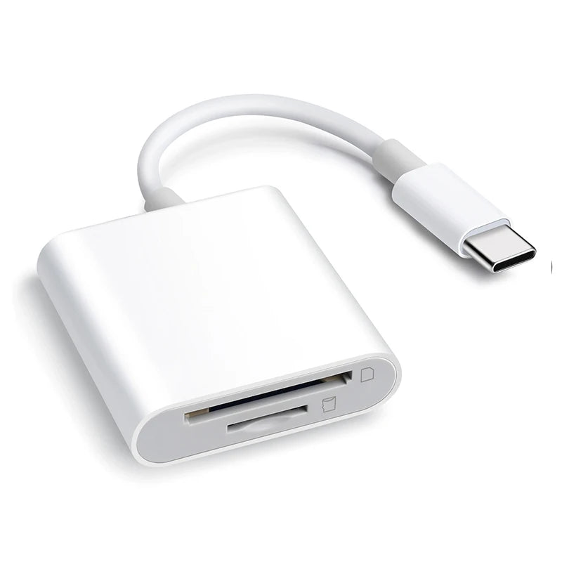 A white universal card adapter with a cable, designed for iPhone and iPad.
